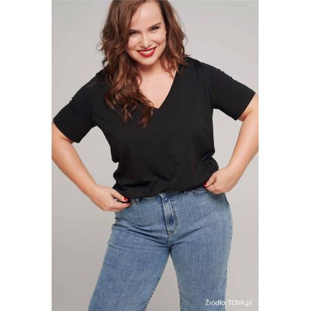 Prosty t-shirt z dekoltem w serek Basic Black - czarny